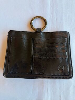Pouchee Black Leather Small Purse Organizer Card Holder Wristlet Ring Handle